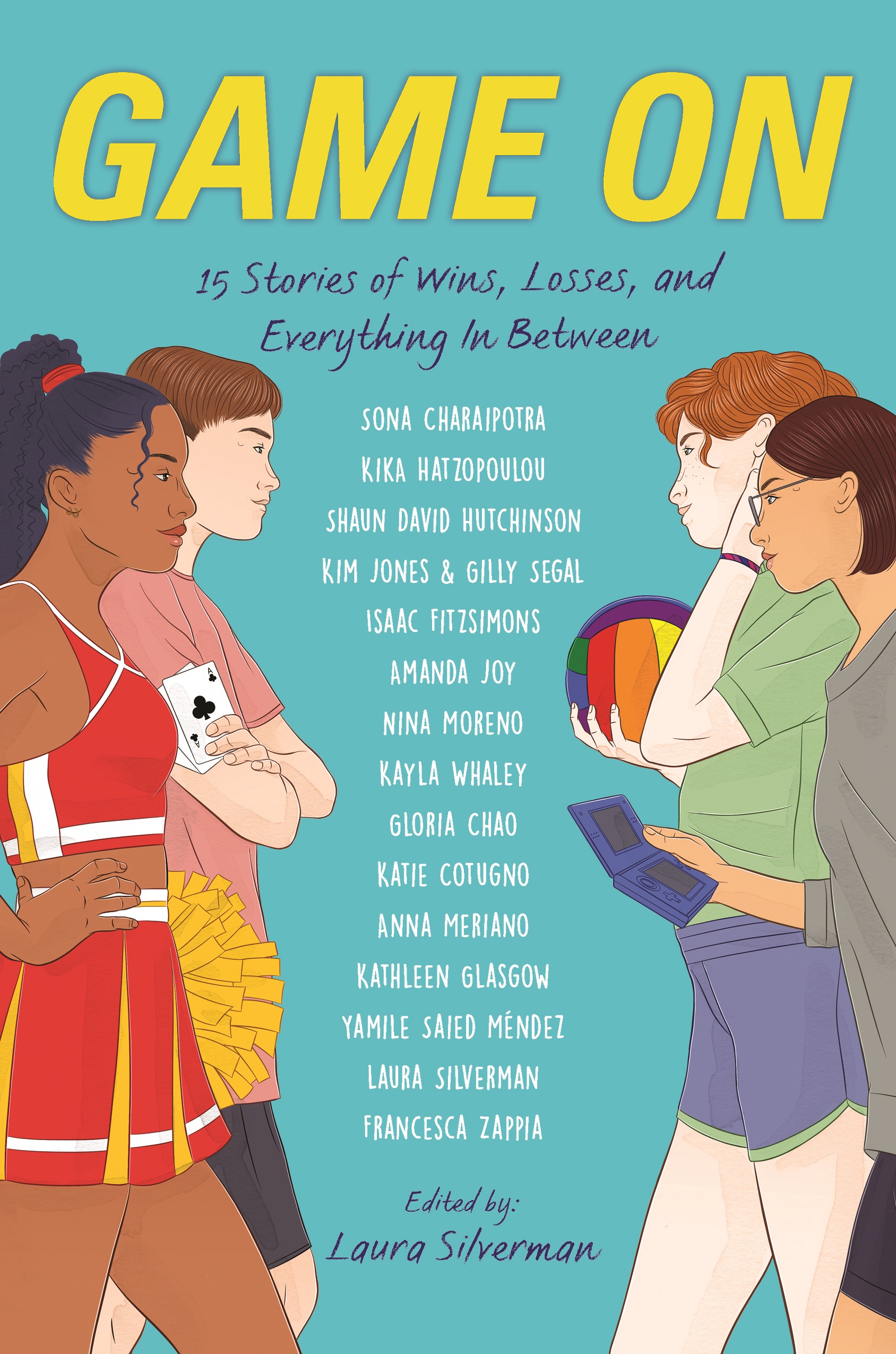 Cover of the YA anthology Game On featuring four characters and list of contributing authors.